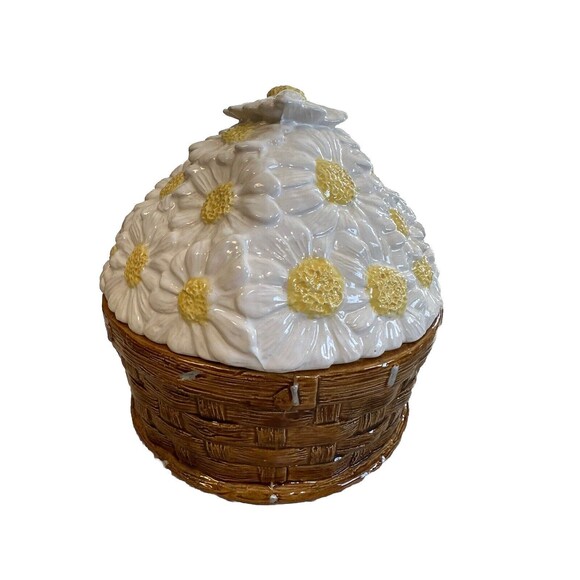 Vintage 90’s Basket Weave Daisies On Top Canister Storage Jar - Picture 4 of 7